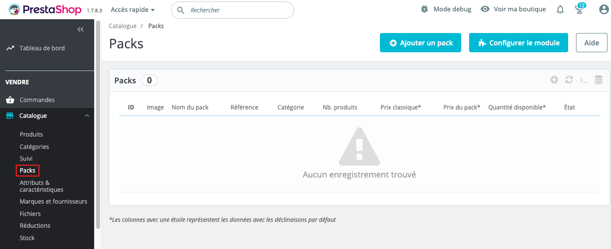 Onglet Packs dans PrestaShop