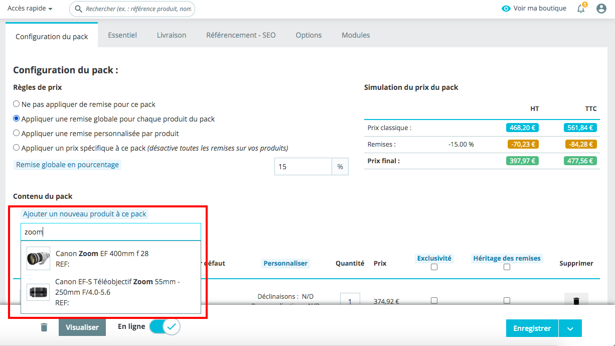 Ajout d'un produit au pack