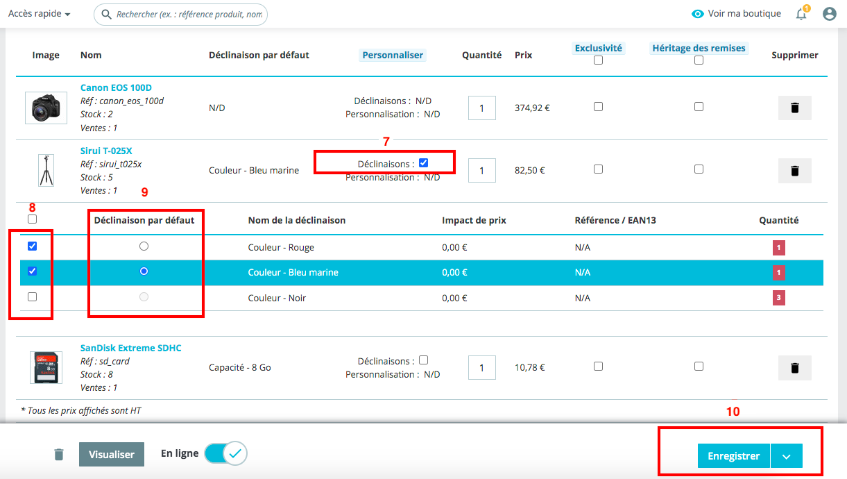 Gestion des déclinaisons produit à proposer dans le pack